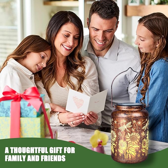 Solar Lanterns, Hanging Solar Lights for Outside, Dragonfly Sunflower Outdoor Lantern, Waterproof Garden Decor for Porch, Yard, Deck, Lawn, Backyard, Patio, Tabletop, Pathway, Landscape