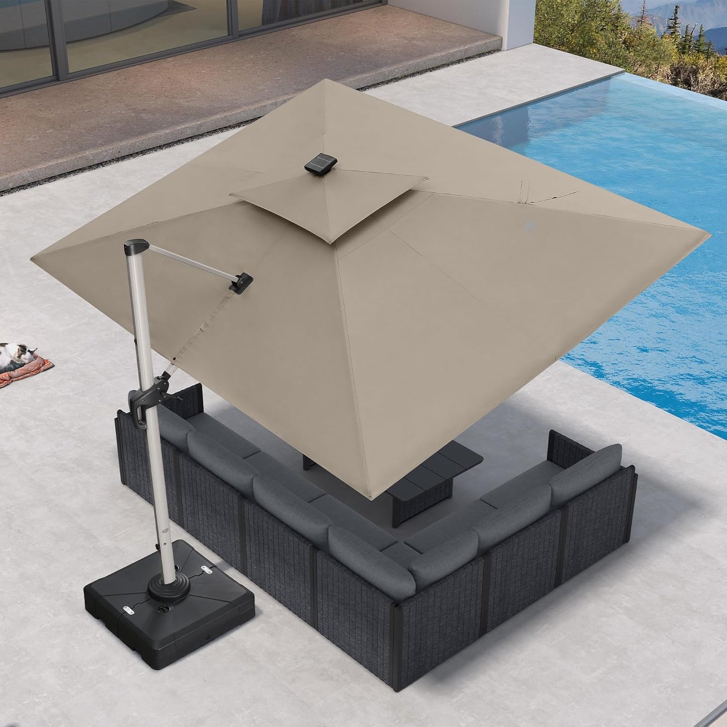 PURPLE LEAF 9' X 12' Solar Powered LED Patio Large Umbrella Offset Double Top Hanging Umbrella Outdoor Market Umbrella for Garden, Deep Beige