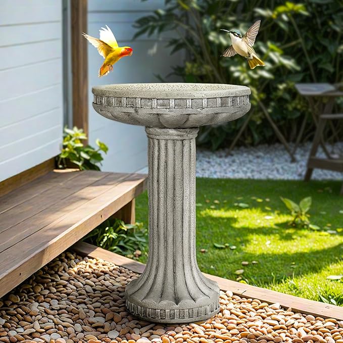 SunJet 24” H x 16” Dia Outdoor Birdbath with Classical Pedestal - Fibre Reinforced Concrete Birdbaths, Vintage Design for Garden Decor & Bird Attraction