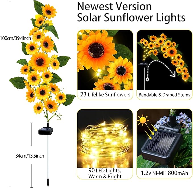 Solar Garden Lights Outdoor, 4 Pack Sunflower Lights with 92 Lifelike Sunflower, Waterproof 360 Bright LED Fall Garden Decor Solar Flowers for Patio Flowerbed Yard, Gift for Mom
