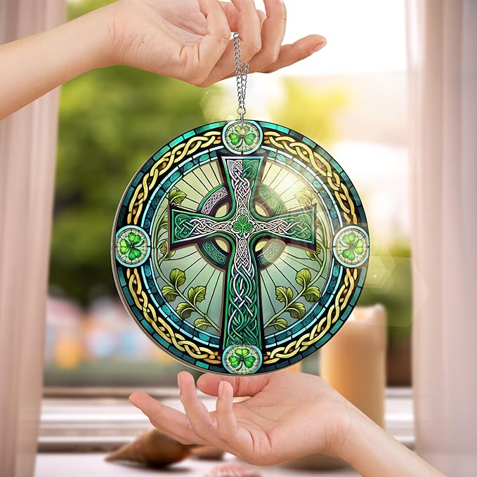St Patricks Day Decorations - Irish Gifts for Men Women Friends Family, St Patricks Day Accessories, Celtic Cross Home Decor - Double Layered Hanging Suncatcher 8 in