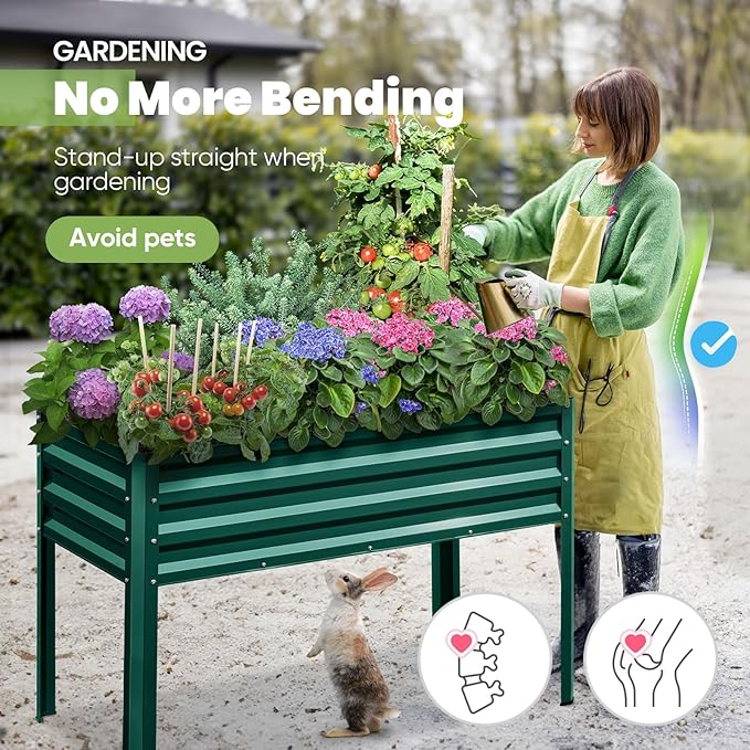 KING BIRD Large Raised Garden Bed with Legs Galvanized Elevated Planter Box 48×24×30 in for Backyard, Patio, Balcony, 400lb Capacity, Green