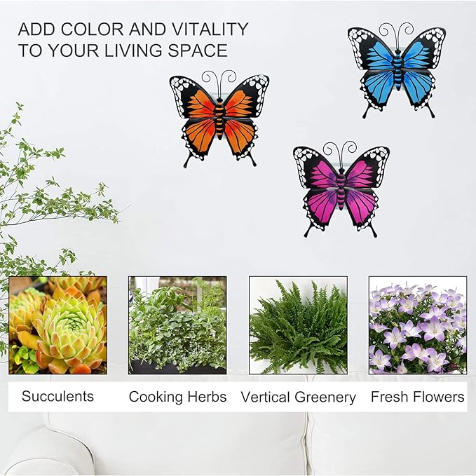 BAYN Set of 3 Butterfly Wall Hanging Planter Decor Art, Metal Wall Mounted Planters Garden Yard Decorative Flower Pot Indoor Outdoor Wall Planter Succulent Plant Container