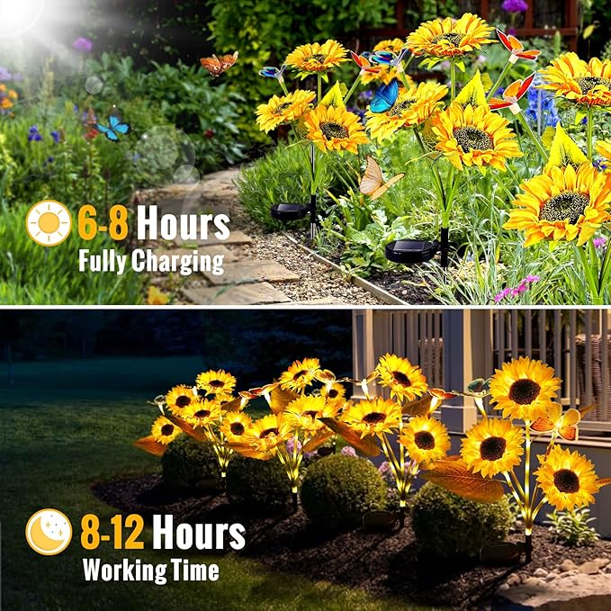 Solar Flower Lights Outdoor Garden Decor, FabStyl 2 Pack Sunflower Decor with 4 Butterfly, Solar Garden Lights Outdoor Waterproof Decorative for Pathway, Yard, Patio, Gifts for Mom Women