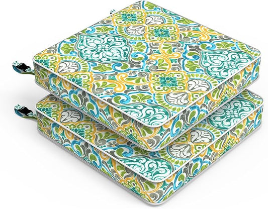 LVTXIII Patio Chair Cushions 19"x19"x3", Water-Repellent Outdoor Seat Cushions for Patio Furniture, Square Chair Pads with Ties for Home Garden Decoration, Set of 2, Damask Green