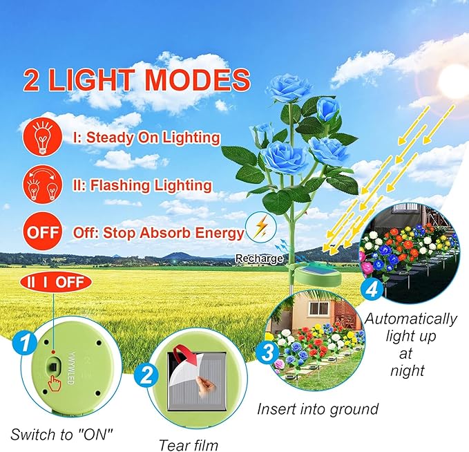 Solar Flower Lights Outdoor - Upgraded New Material Two Modes Realistic LED Solar Powered Waterproof Lights with 5 Roses, Solar Decorative Stake Lights for Garden (Multicolor, 4 Pack)