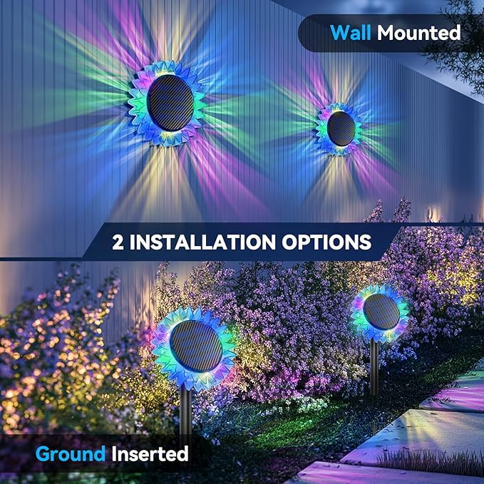 Solar Garden Lights - Upgraded Sunflower Light, Ground/Wall 2 in 1, Outdoor Lights Waterproof IP67,Garden Yard Patio Backyard Pathway Landscape Fence Wall Decoration, Multicolor(4 Pack)