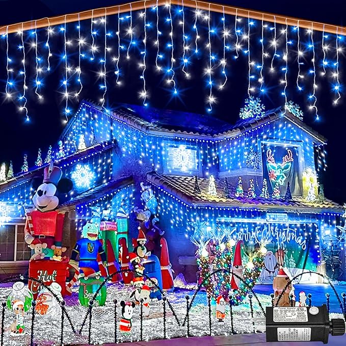 66ft Icicle Lights for Outside, Blue and White Christmas Lights Outdoor Indoor, 640 LED Twinkle String Light with 120 Drops Short Curtain Lights for Thanksgiving Room Home Wall Bedroom Window Decor