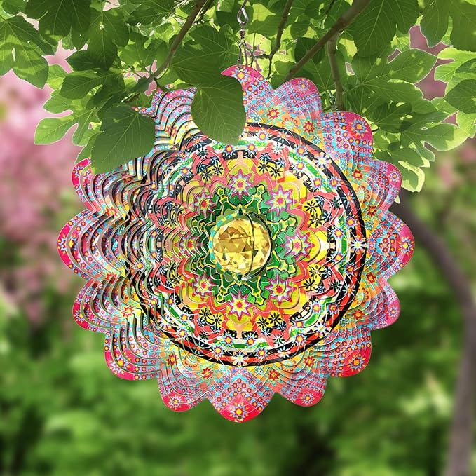 FONMY Mandala Wind Spinner w/Crystal Ball-Romatic Flower 3D Stainless Steel Hanging Spinners Worth Gift Christmas Decoration Indoor/Outdoor Garden Décor Kinetic Yard Art 12 Inches Wind Sculpture