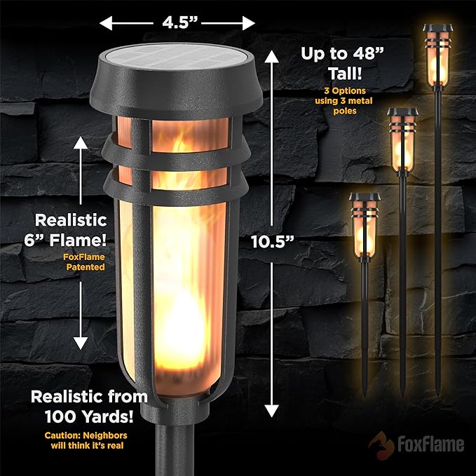 Metal Solar Torch - Adjustable Height (24" - 50"), Outdoor Lights with Flickering Flame, Waterproof Solar Powered Lights, Flame Torches for Patio, Pathway, Yard Decor, Matte Black (2-Pack)