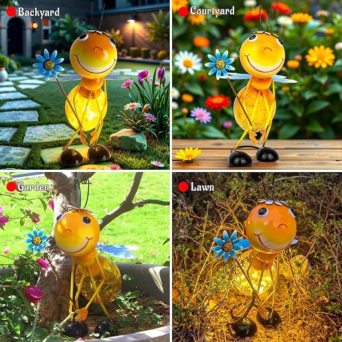 Solar Garden Statue Bee Decor,Outdoor Decorative Tabletop Lanterns,Outdoor Bee Figurines Decorations for Patio Yard Lawn Ornaments,Birthday Gifts for Mom Women Grandma
