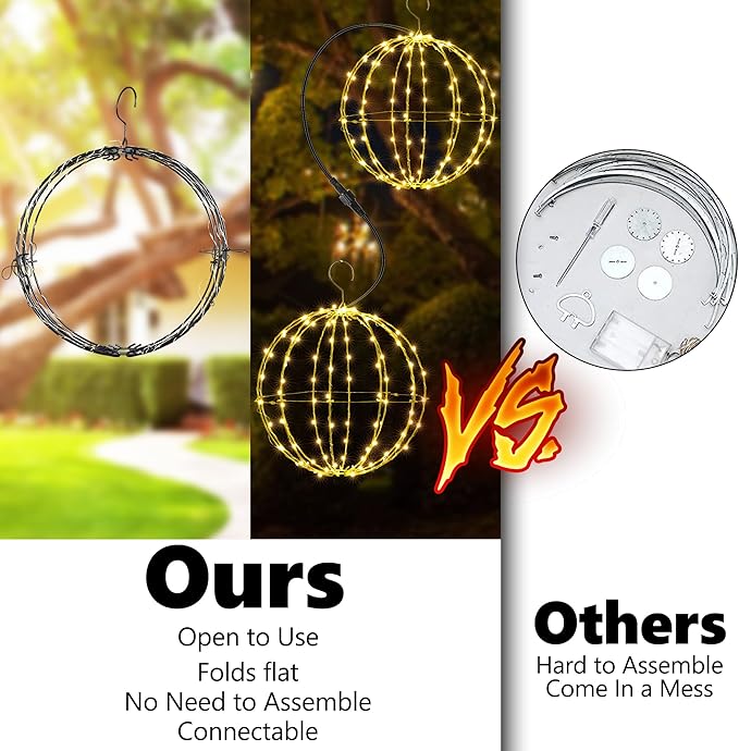 Outdoor Decorations Hanging Ball Lights 2PCS - 12 Inch Connectable Hanging Tree Globe 120 LED Fairy Lights with 8 Lighting Modes,Timing Function Waterproof Indoor Outdoor (Warm White, 2pcs)