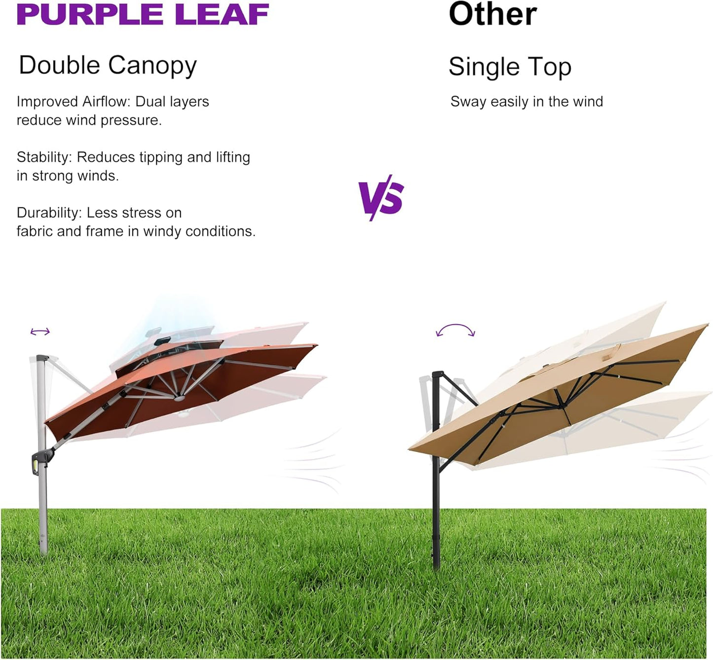 PURPLE LEAF 11ft Solar powered LED Patio Umbrella Outdoor Round Umbrellas Large Cantilever Umbrella with LED lights Windproof Offset Umbrellas Sun Umbrella for Garden Deck Pool Patio, Brick Red