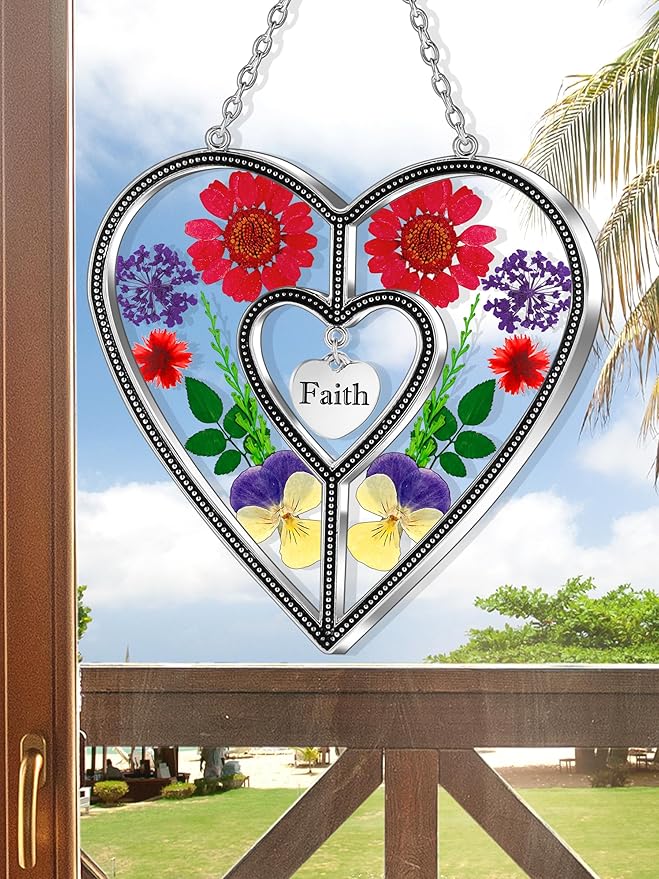 KY&BOSAM Heart Suncatcher Faith Stained Glass Hangings for Windows Sun Catchers Birthday Gifts for Women Real Flower Glass & Metal Maker for Christmas Tree Wedding Party Patio Home Garden Decor