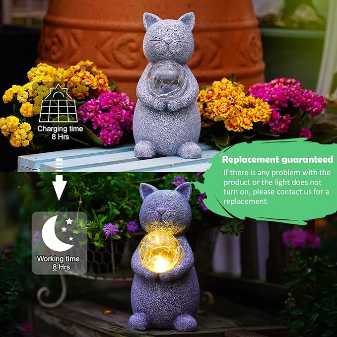 Solar Cat Statue - Garden Decor with LED Lights, Perfect for Mom or Grandma (Gray Cat)