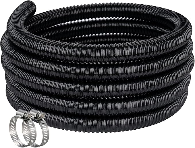 Pond Hose ID 1” × 25ft Black Corrugated Flexible Reinforced PVC Hose Vinyl Tubing for Pond Pump Fountain Garden Waterfall, Non-toxic & Kinkproof, with 2 clamps
