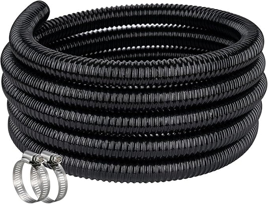 Pond Hose ID 1” × 25ft Black Corrugated Flexible Reinforced PVC Hose Vinyl Tubing for Pond Pump Fountain Garden Waterfall, Non-toxic & Kinkproof, with 2 clamps