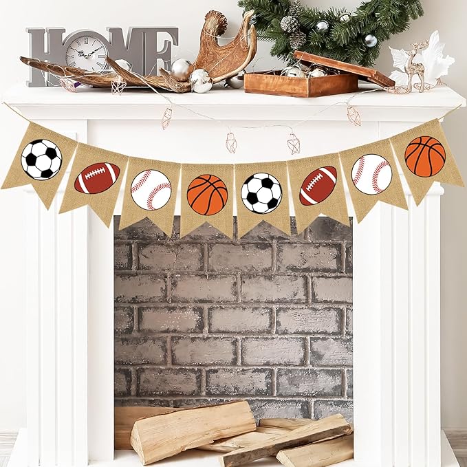 Doumeny Sports Burlap Banner Baseball Bunting Garland Sport Theme Party Hanging Banner American Football Banner Garland Basketball Soccer Banner Bunting for Birthday Baby Shower Sport Club Party Decor