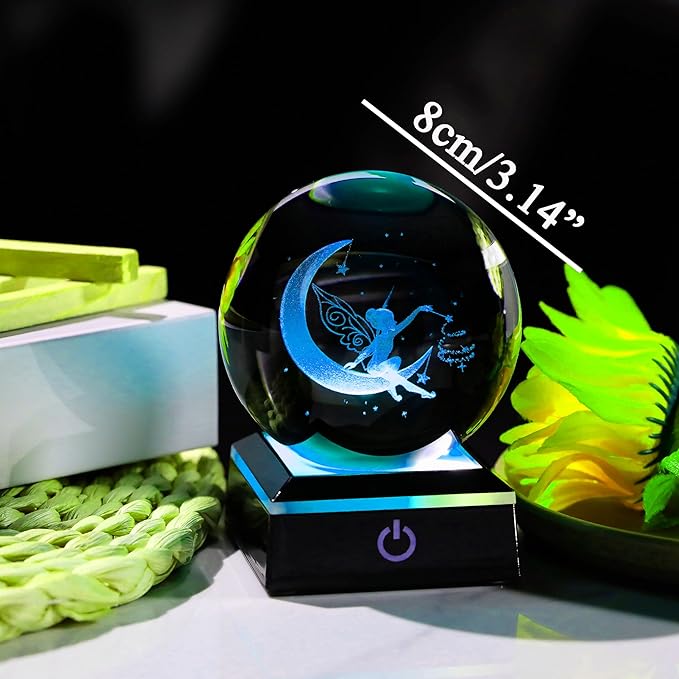 Qianwei Moon Fairy 3D Crystal Ball Laser Engraved Fairy Glass Ball Fairy Night Light Decorative Globes 3D Crystal Moon Sphere Fairy Gifts for Girl Her Fairy Lover