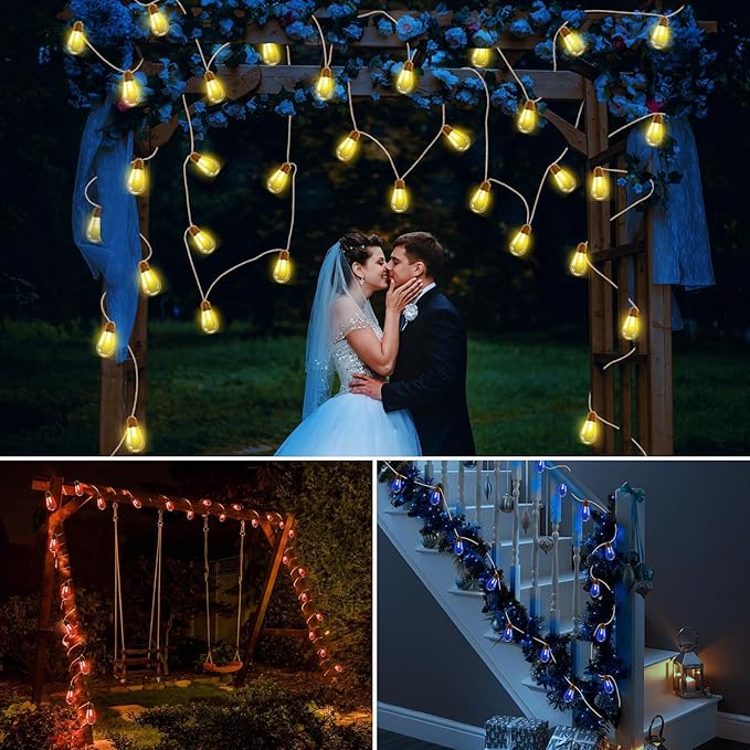 Colors Changing Solar String Lights Outdoor, 20Ft Vintage Rope Hemp Color Change Patio Lights, 16 Waterproof Shatterproof Bulbs Solar Light for Garden Yard Proch Wedding Party - Warm White & RGB
