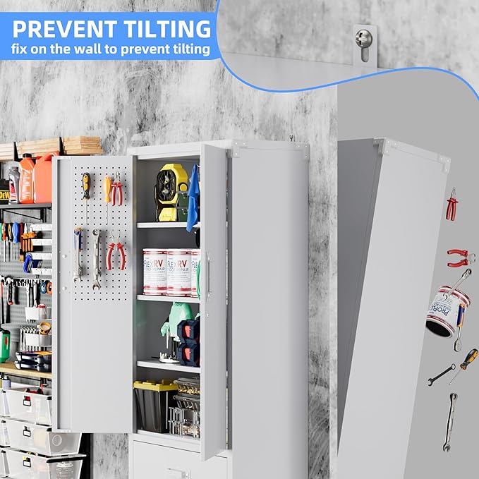 Upgraded Metal Garage Storage Cabinet with Wheels and 2 Drawers, Rolling Tool Cabinet with 3 Shelves and Pegboard Behind The Door for Home Office Garage,Assembly Required,White