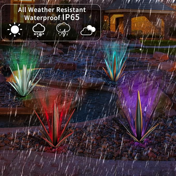 Large Tequila Rustic Sculpture, Rustic Metal Agave Plants for Outdoor Patio Yard, Home Decor Hand Painted Metal Agave Garden Yard Statue, Outdoor Lawn Ornaments (Mint Green - L (W/ Solar Light))