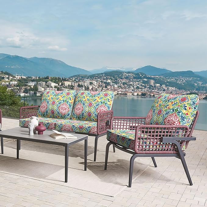 LVTXIII Outdoor Deep Seat Cushion Patio Seat and Back Cushion Set Seasonal Chair Cushion for Dining Arm Chairs, Wicker Chairs and Garden Furniture Decoration, 22"x22"x4", Damask Red