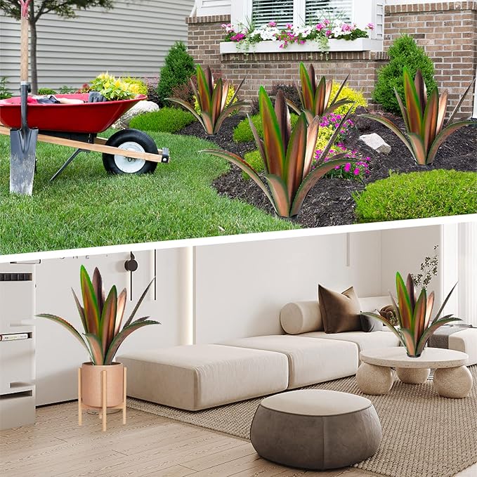 Enlarge thickened Wind Resistant Metal Agave Garden Art Metal Plant Country Garden Sculpture Statue Outdoor decoration Agave Metal Plant Courtyard Garden Lawn Ornament Gift (2, 12 Leaves Green)