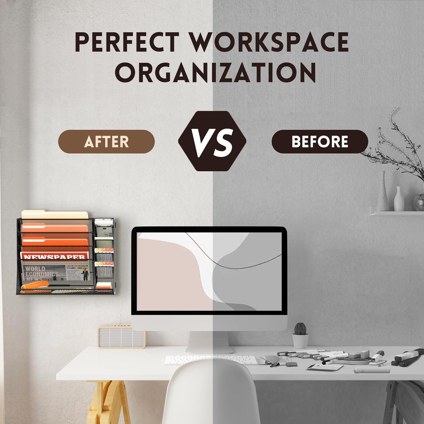 SUPEASY Wall File Organizer, 5-Tier Desk Organizer with 4 Pen Holders, Wall Organizer for Office with R-shaped Bottom Tray, Desk Organizers and Accessories for Office Supplies, Black