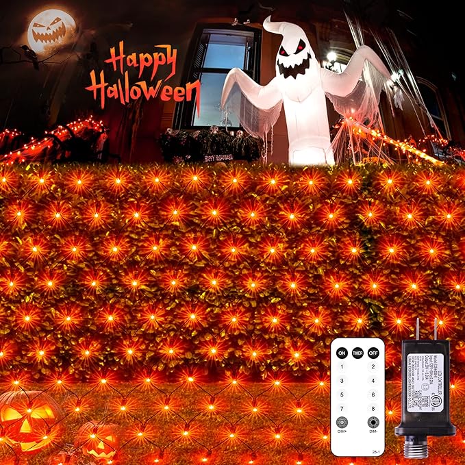 JMEXSUSS 360 LED 12ft x 5ft Halloween Net Lights - Connectable Orange Outdoor Mesh Lights With Remote, 8 Modes Plug-in for Bushes Shrubs Decorations
