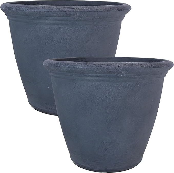 Sunnydaze 20-Inch Anjelica Large Plastic Pot for Plants - Outdoor Polyresin Round Planter with Drillable Drainage Holes - Slate - 2pk