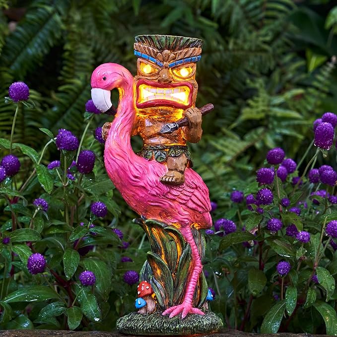Solar Tiki Statue - Outdoor Statue - Solar Powered Garden Figurine Tiki Decoration for Bar, Patio, Balcony, Yard, Lawn, Table, Riding a Flamingo 13.66 Inches Tall