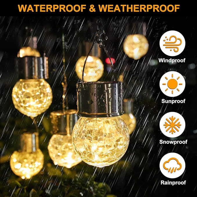 MAXvolador 12-Pack Hanging Solar Lights, Decorative Cracked Glass Ball Light, Solar Powered Waterproof Globe Lighting for Garden, Tree(Warm White)