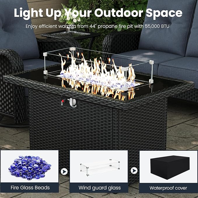 5 Pieces Outdoor Patio Furniture Sets with Rocking Swivel Chairs with 6-inch Thick Cushion and Fire Pit Table for Deck Lawn