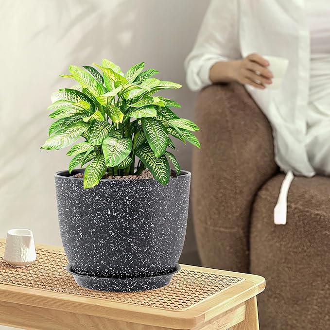 Plant Pots 10/9/8 inch, Set of 3 Modern Decorative Plastic Planters with Drainage Holes and Saucers for Garden House Plants, Flower Pots for Indoor Outdoor Plants, Speckled Black