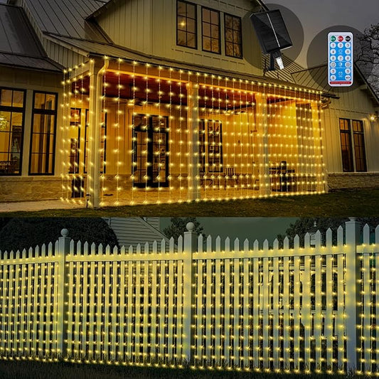 32.8 * 6.56FT Large Size Solar Curtain Lights Outdoor, 8 Modes Outdoor Solar String Icicle Lights, Solar Garden Christmas Lights Decortions for Patio, Gazebo, Eaves, Fence, Tree, Porch (Warm White)