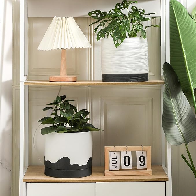 Nihow Ceramic Plant Pot: 8 Inch Planter with Drainage Hole & Saucer for Indoor & Outdoor Plants - Cylinder Round Flower Pot for Succulent/Herbs/Violets - White & Wave Black