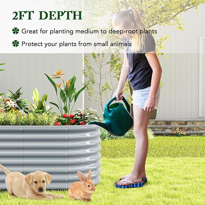 Giantex 5x3x2ft Raised Garden Bed, Large Metal Elevated Oval Planter Bed, 193 Gallon Capacity, Outdoor Planting Garden Box for Vegetable Flower Herb Grow (Grey)