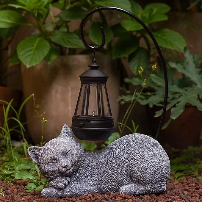 Solar Cat Garden Statue with Lantern, 13 Inch Tall Figurine for Outdoor Decor, Yard, Patio, Lawn and Porch, Solar-Powered Lights Sculpture