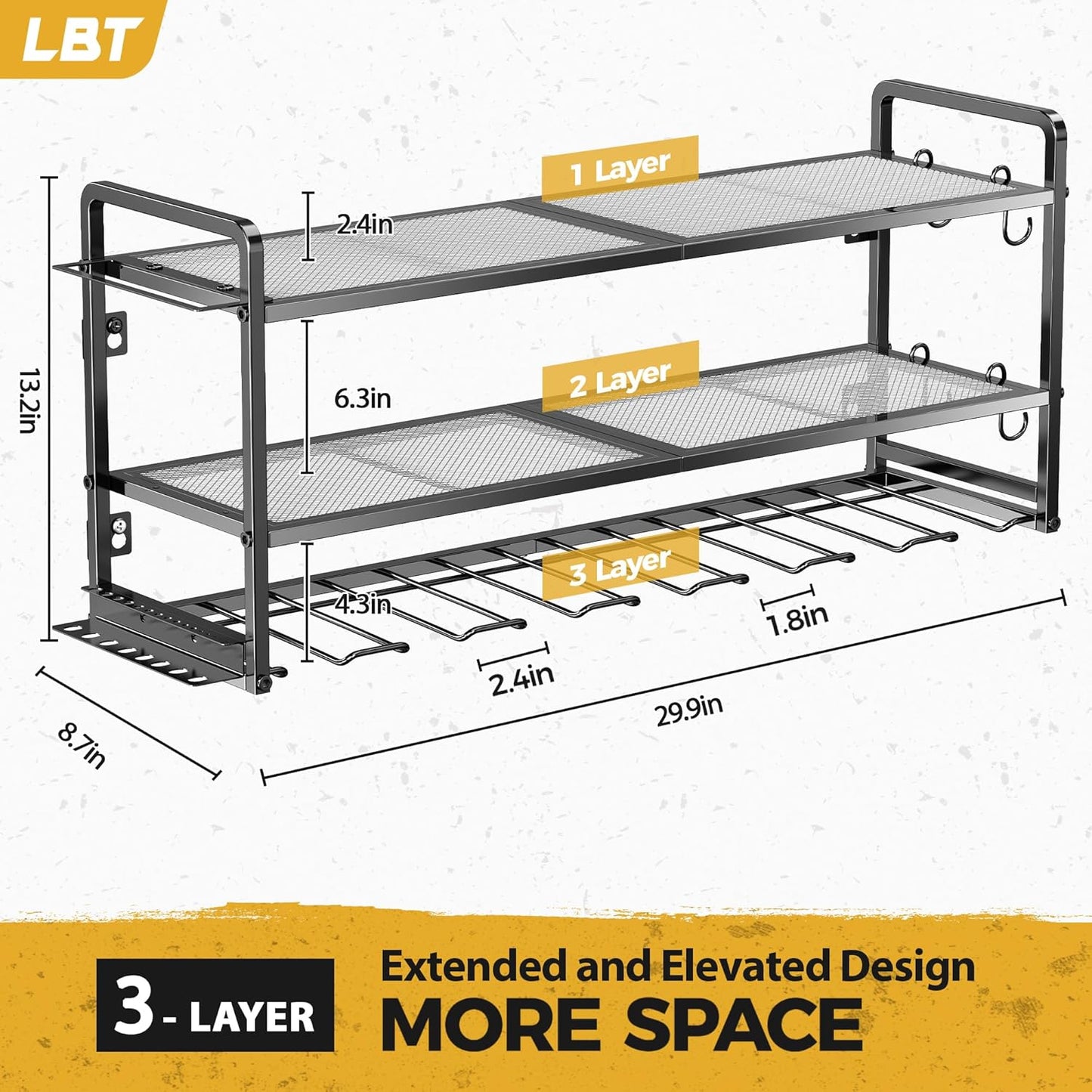 LBT Power Tool Organizer Wall Mount - 3 Layer Heavy Duty Tool Storage Rack with 7 Cordless Drill Holders, Loads 160Lbs Utility Rack for Garage, Workshop, Shed - Cool Gifts for Men, Dad, Husband