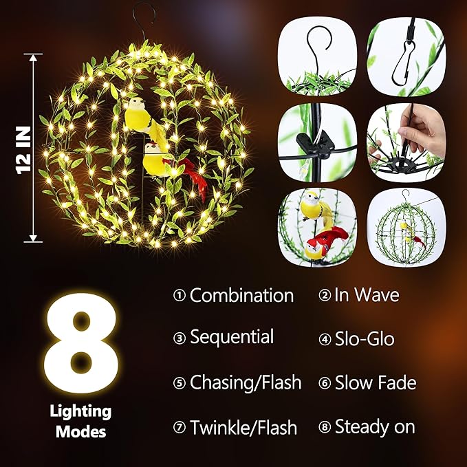 Joomer Solar Lights Outdoor, 2 Pack 12in 120 LED Solar Hanging Light Balls Outdoor, 8 Modes Waterproof Foldable Metal Sphere Light with Hook for Outside Hanging - Warm White(Ball with Green Leaf+Bird)