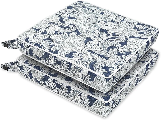 LVTXIII Patio Chair Cushions 19"x19"x3", Water-Repellent Outdoor Seat Cushions for Patio Furniture, Square Chair Pads with Ties for Home Garden Decoration, Set of 2, Damask Lapis