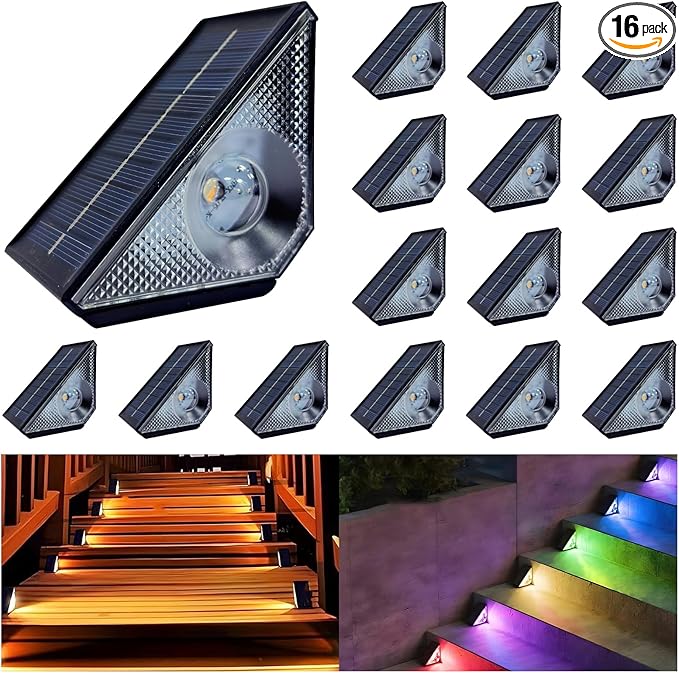 Solar Step Deck Lights Outdoor 16 Pack Solar Step Lights, Waterproof Warm White/7 RGB Color Glow Solar Stair Lights for Yard, Patio, Garden, Walkways, Front Door, Pathway, Driveway