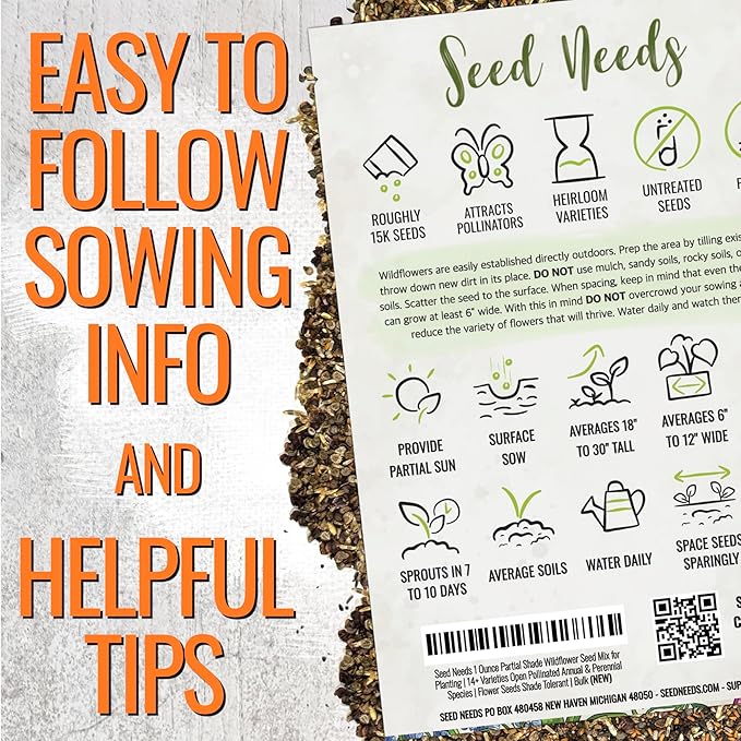 Seed Needs Partial Shade Wildflower Seed Mix for Planting | 10 Packs (1 Ounce Each) 14+ Varieties Open Pollinated Annual & Perennial Species | Flower Seeds Shade Tolerant | Bulk