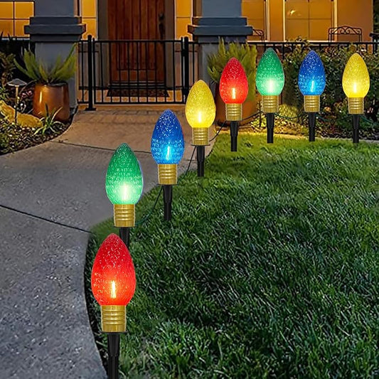 Jumbo C9 Christmas Pathway Lights Outdoor, 2 Pack 7FT Christmas Yard Decorations with 8 Jumbo C9 LED Strawberry Multicolor Bulbs Christmas Walkway Lights for Outside Holiday Lawn Garden Driveway Decor