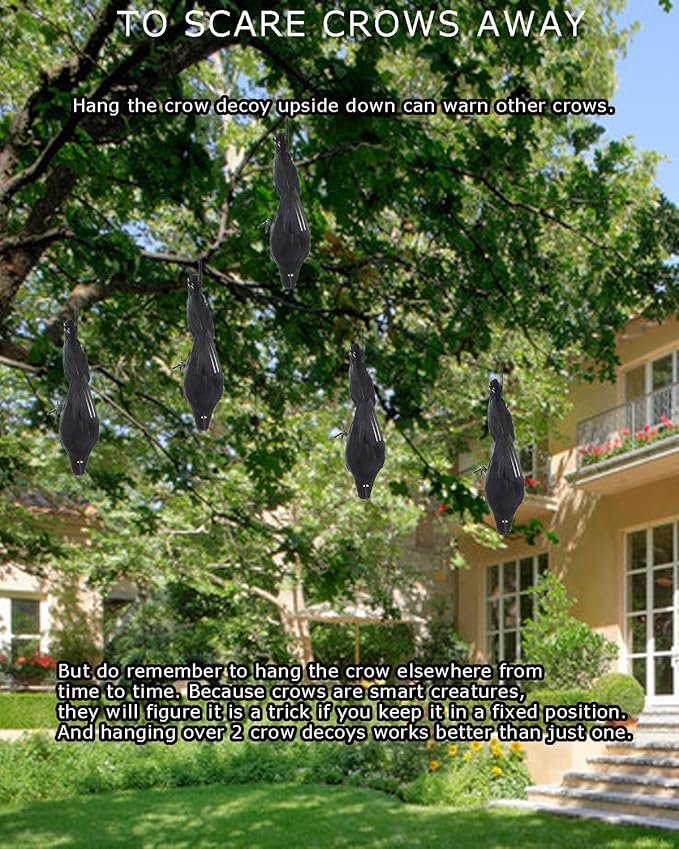 Hanging Dead Crows, 13 Inches Life-Size Raven, Realistic Handmade Fake Decoy for Garden Christmas Halloween Decorations [Face Up+Face Down+Stand] 2PC