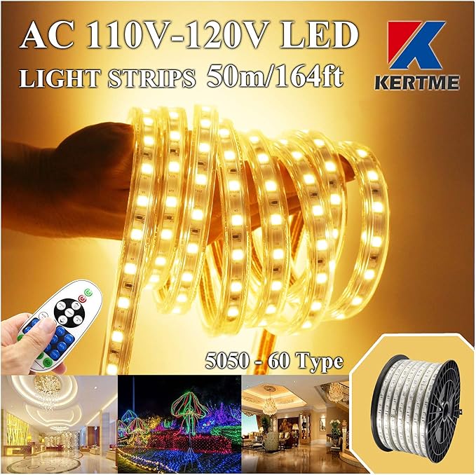 5050-60 Type AC 110-120V LED Strip Lights, Flexible/Waterproof/Dimmable/Multi-Modes LED Rope Light + 23 Keys Remote for Home/Garden/Building Decoration (164ft/50m, Warm White 3500K)