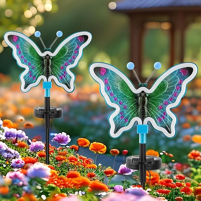 Solar Butterfly Lights Outdoor,Butterfly Solar Lights for Outside, Solar Garden Decor, Outdoor Garden neon Lights,Pathway Butterfly Lights (Light Blue,2pack)