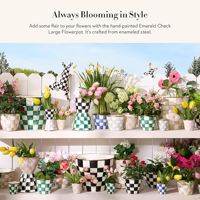 MACKENZIE-CHILDS Flowerpot, Decorative Garden Pot for Growing Plants, Green-and-White Emerald Check