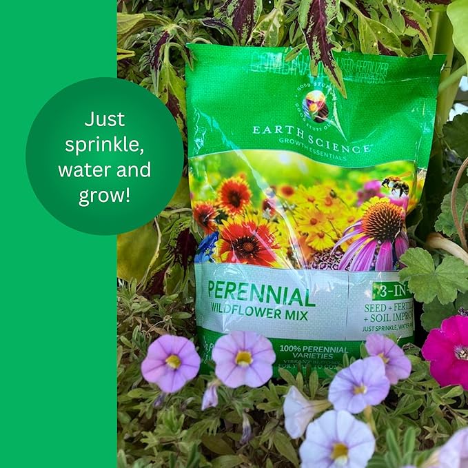 Earth Science Perennial Wildflower Mix - 3-in-1 Formula with Premium Wildflower Seeds—6 lb— Plant Food and Soil Conditioners - Non-GMO, Natural Ingredients